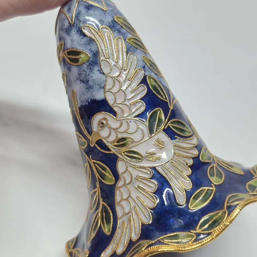 Vintage Cloisonne Large Blue Bell White Dove Of Peace Ornament Traditional Asian